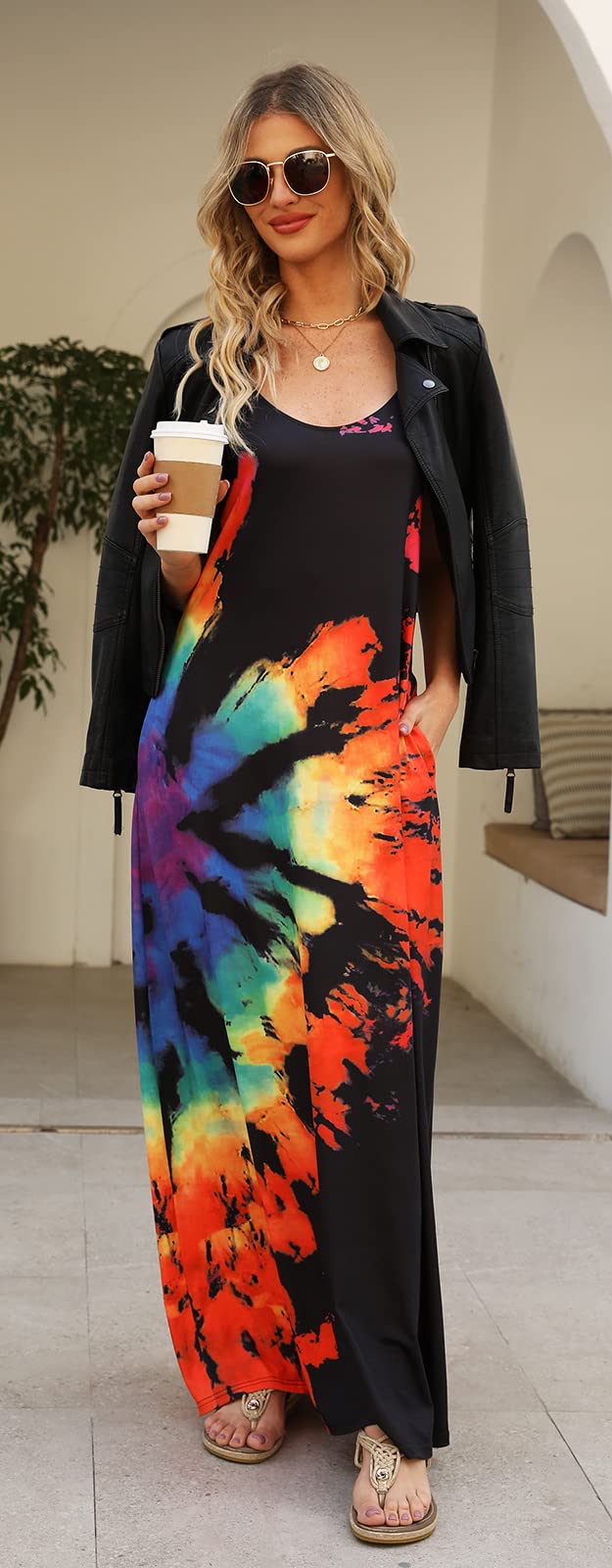 Supnier Summer Dresses for Women 2023 Petite Length Long Maxi Dress with Pockets for Beachwear(M,Grey Rainbow) - Image 2