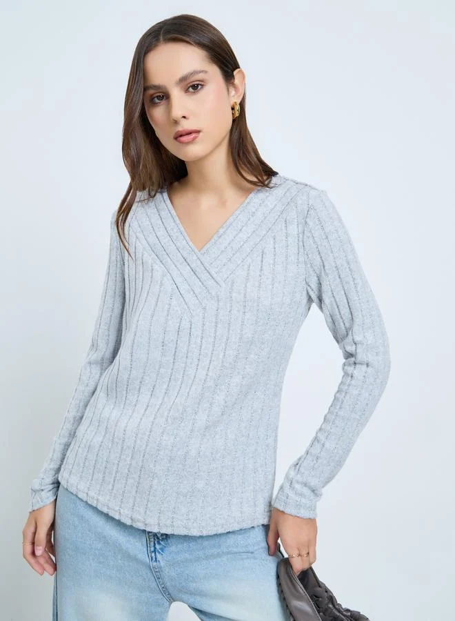 Take Two Grey Ribbed V-Neck Long Sleeve Top