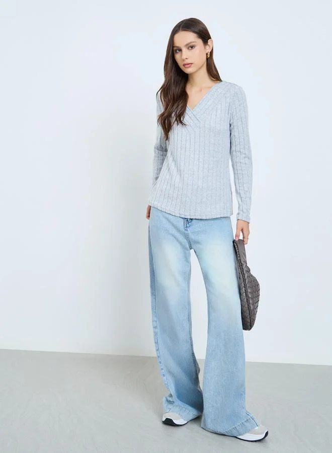 Take Two Grey Ribbed V-Neck Long Sleeve Top