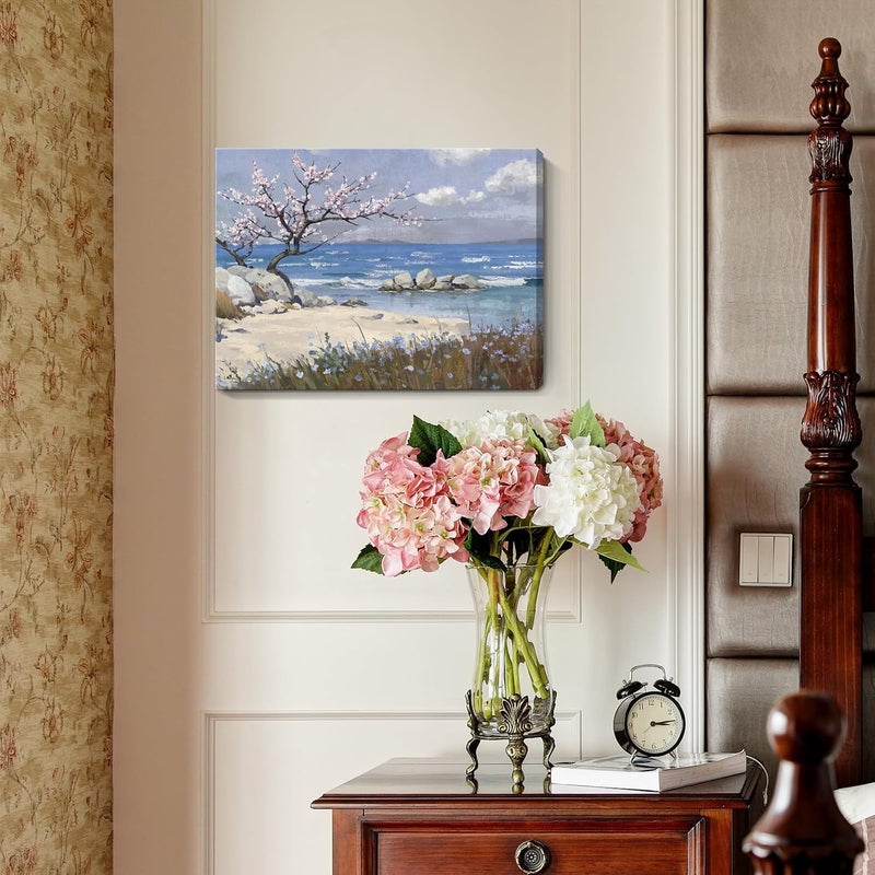 amatop Coastal Wall Art Small Bathroom Bedroom Kitchen Decor, Serene Pink Blossom Floral Tree Shore Calm Sea Beach Landscape Canvas Print Blue Ocean Scenery Abstract Nature Artwork for Walls 16x12 In - Image 3