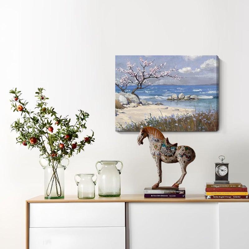 amatop Coastal Wall Art Small Bathroom Bedroom Kitchen Decor, Serene Pink Blossom Floral Tree Shore Calm Sea Beach Landscape Canvas Print Blue Ocean Scenery Abstract Nature Artwork for Walls 16x12 In - Image 2