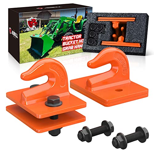 AMBULL 2 Pack 3/8" Tractor Bucket Grab Hook Grade 70 Forged Steel Bolt On Grab Hook Tow Hook Mount with Backer Plate,Work Well for Tractor Bucket, RV, UTV,Truck, Max 15,000 lbs, Orange - Image 1