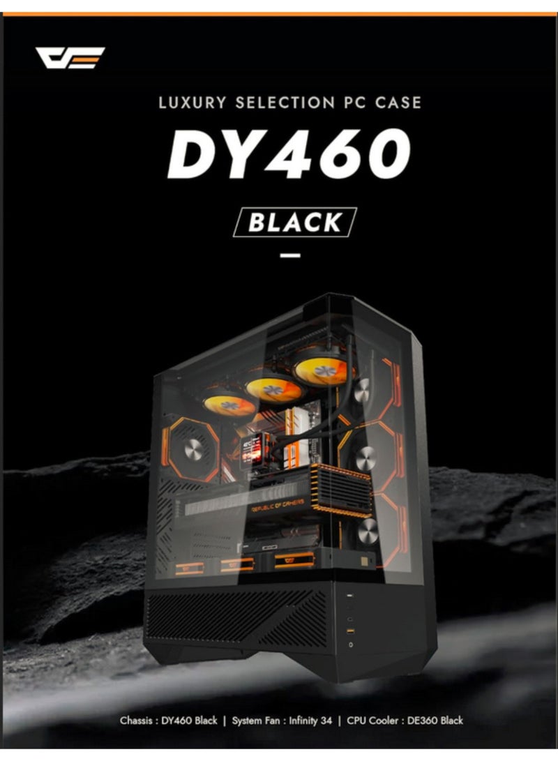 دارك فلاش حافظة ألعاب darkFlash DY460 ثلاثية الزجاج مع 4 مراوح ARGB مقاس 120 مم وحامل وحدة معالجة الرسومات، تصميم ثلاثي الزجاج، تدعم مشعات 360 مم، USB Type-C، 10 مراوح مقاس 120 مم متوافقة مع حافظة الألعاب (أسود) - Image 1
