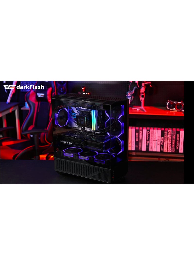 دارك فلاش حافظة ألعاب darkFlash DY460 ثلاثية الزجاج مع 4 مراوح ARGB مقاس 120 مم وحامل وحدة معالجة الرسومات، تصميم ثلاثي الزجاج، تدعم مشعات 360 مم، USB Type-C، 10 مراوح مقاس 120 مم متوافقة مع حافظة الألعاب (أسود) - Image 3