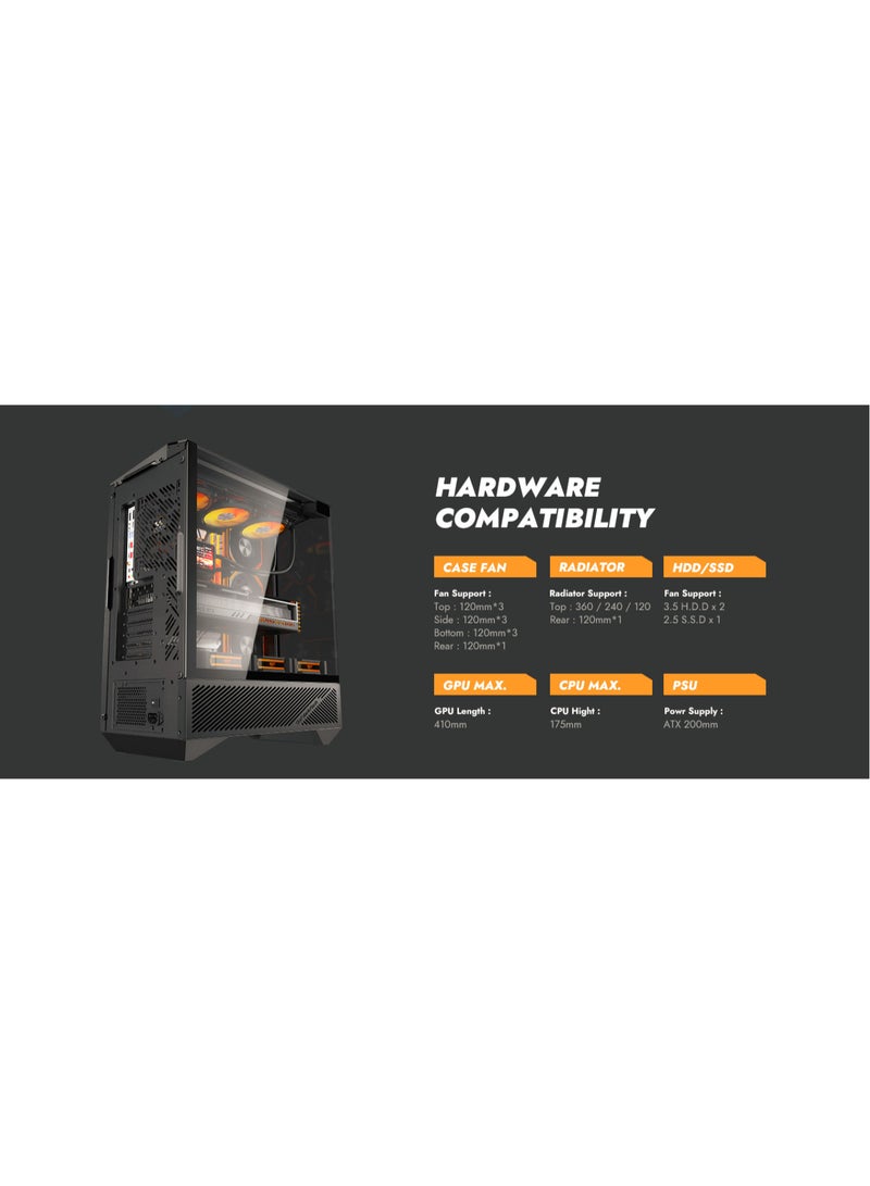 دارك فلاش حافظة ألعاب darkFlash DY460 ثلاثية الزجاج مع 4 مراوح ARGB مقاس 120 مم وحامل وحدة معالجة الرسومات، تصميم ثلاثي الزجاج، تدعم مشعات 360 مم، USB Type-C، 10 مراوح مقاس 120 مم متوافقة مع حافظة الألعاب (أسود) - Image 4