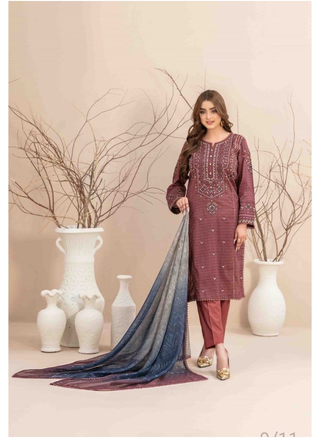 TAWAKKAL FABRICS Set of 3 Pieces Kurti with Bottom and Dupatta - Maroon and Navy  - Image 1