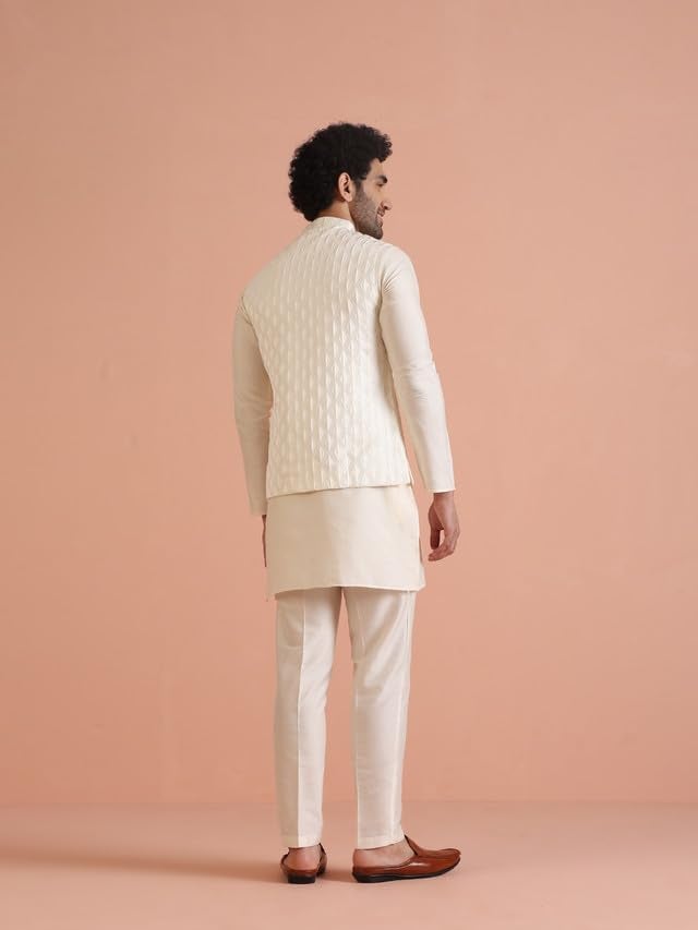 KISAH Men's Kurta Jacket Trouser Set, White Silk Blend, Jacquard Regular Fit Mandarin Collar Long Sleeves, 42 - Image 4