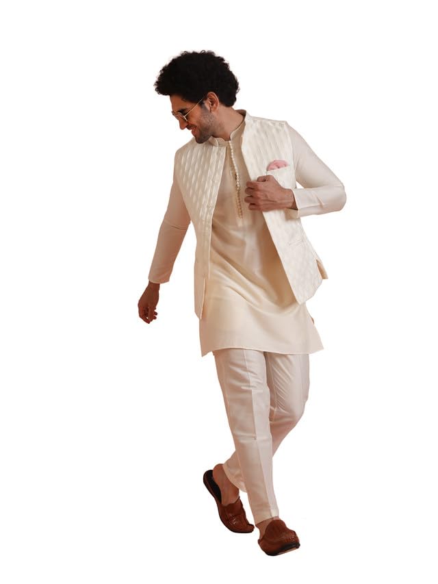 KISAH Men's Kurta Jacket Trouser Set, White Silk Blend, Jacquard Regular Fit Mandarin Collar Long Sleeves, 42 - Image 1