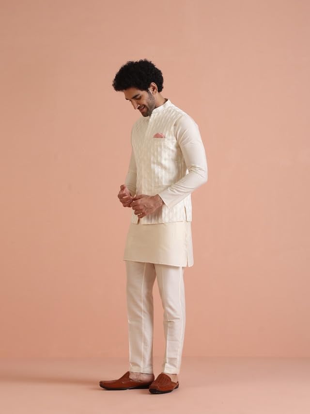 KISAH Men's Kurta Jacket Trouser Set, White Silk Blend, Jacquard Regular Fit Mandarin Collar Long Sleeves, 42 - Image 2