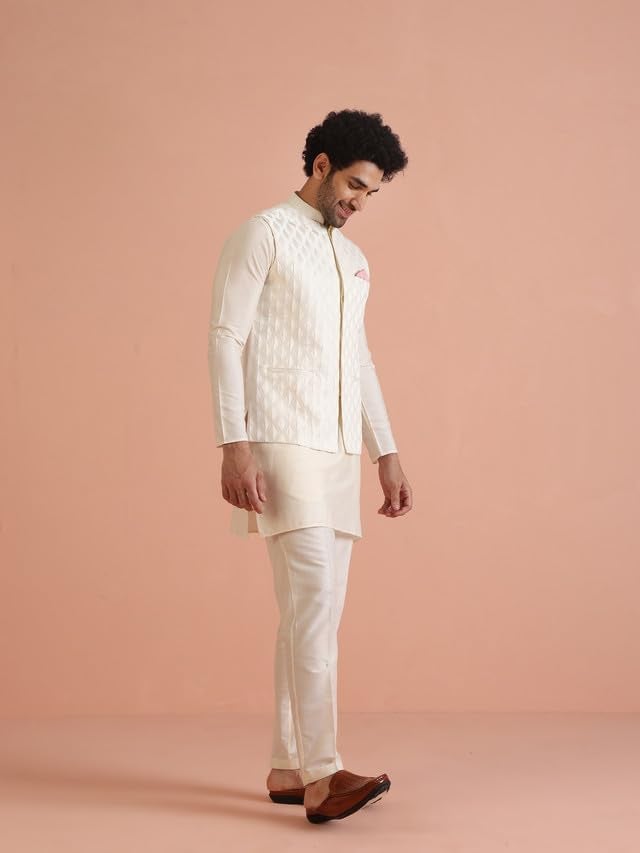 KISAH Men's Kurta Jacket Trouser Set, White Silk Blend, Jacquard Regular Fit Mandarin Collar Long Sleeves, 42 - Image 3