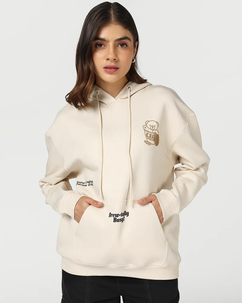 bewakoof Women's Beige Coffee Typography Oversized Hoodies