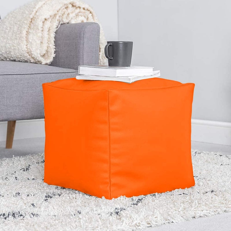 GIGLICK GIGLICK Brand The Lotus Store Durable Comfortable Cube Shape Bean Bag Foot Stool Filled with Beans Faux Leather 38CM Color Orange - Image 2