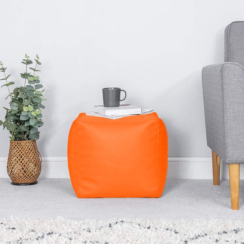 GIGLICK GIGLICK Brand The Lotus Store Durable Comfortable Cube Shape Bean Bag Foot Stool Filled with Beans Faux Leather 38CM Color Orange - Image 1