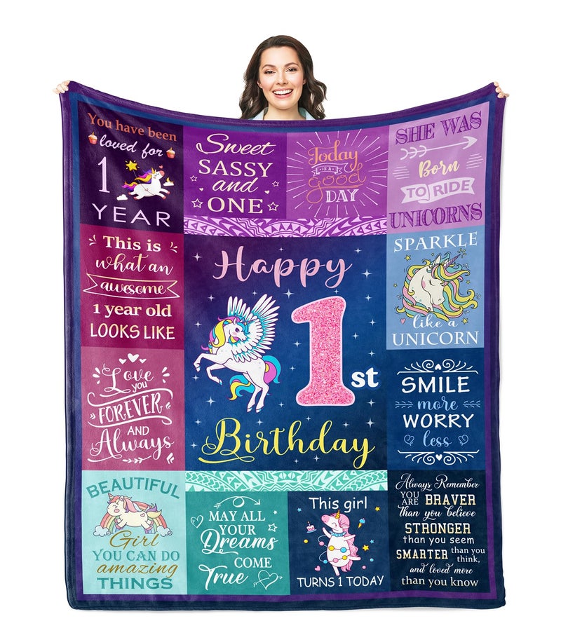 Solzien 1 Year Old Girl Birthday Gift Blanket 50""x40""  Gifts for 1/one Year Old Girl  one Year Old Girl Birthday Gifts  1st Birthday Girl Gifts  First Birthday Gift Ideas  1 Year Old Girl Gifts - Image 1