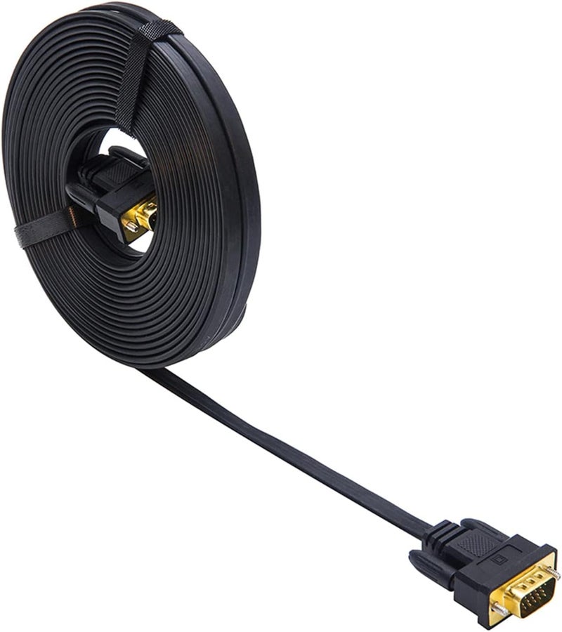 D-tech 25ft Ultra Thin Flat Type Computer Monitor VGA Cable Standard 15 Pin Male to Male Connector SVGA Wire 25 Feet - Black - Image 1