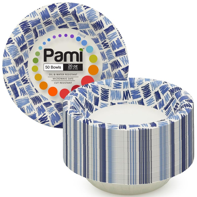 PAMI Blue Paper Bowls 20 Oz Heavy Duty for Soup, Pack of 50 Disposable Microwave Safe Bowls, Oil, Water and Cut Resistant Recyclable Dinnerware - Image 1