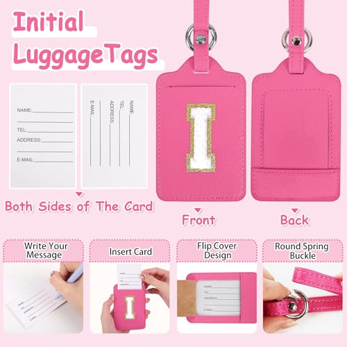 Iqimott Initial Letter Luggage Tags for Suitcases, Monogrammed Suitcase Luggage Identifier Name Tag, PU Leather TSA Approved Luggage Tags,Bag Tags for Men Women Kids Luggage Handbags(Rosered-White I) - Image 3