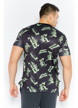 Asos Design Men Crew Neck Short Sleeve Allover Print T-Shirt, Black/Lime Green  - Image 2