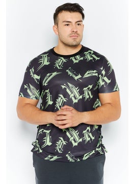 Asos Design Men Crew Neck Short Sleeve Allover Print T-Shirt, Black/Lime Green  - Image 1