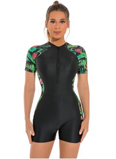 Al Aoyama women one-piece zippered sports swimsuit，short sleeves green leaves print  - Image 1