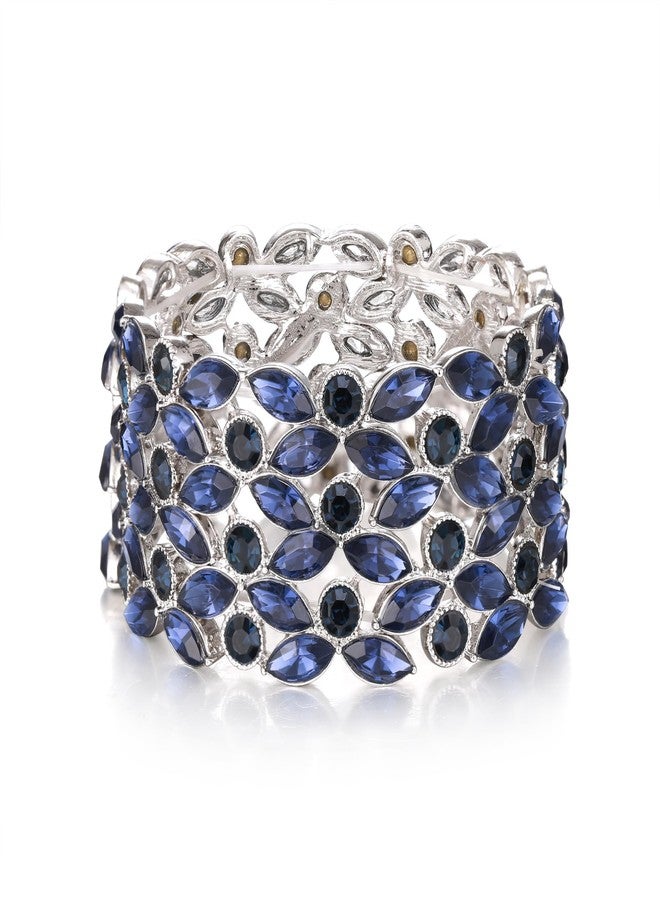 BriLove Statement Large Wedding Stretch Bangle Bracelet for Women, Gorgeous Shiny Crystal Marqiuse Bracelets for Jewelry Accessories Sapphire Color Silver-Tone - Image 1