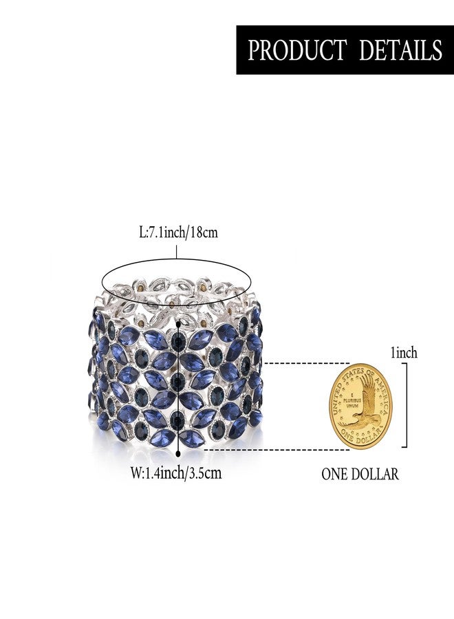 BriLove Statement Large Wedding Stretch Bangle Bracelet for Women, Gorgeous Shiny Crystal Marqiuse Bracelets for Jewelry Accessories Sapphire Color Silver-Tone - Image 5
