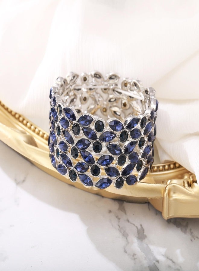 BriLove Statement Large Wedding Stretch Bangle Bracelet for Women, Gorgeous Shiny Crystal Marqiuse Bracelets for Jewelry Accessories Sapphire Color Silver-Tone - Image 4