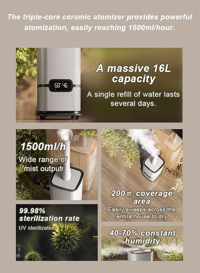 ET-LIFE 16L Humidifier for Larger Room Humidifier with 360°Nozzle, Auto Shut-Off Cool Mist Top Fill Humidifier with UV disinfection 80W H-600 White - Image 4