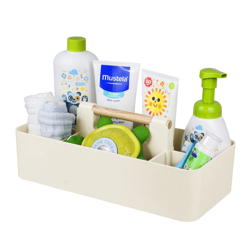ChengFu Baby Shower Caddy Plastic Nursery Portable Storage Organizer Caddy Tote for Child/Kids, Divided Basket Bin with Wood Handle for Bathroom, Dorm Room, Holds Hand Soap, Bottles, Spoons (Beige)  - Image 1
