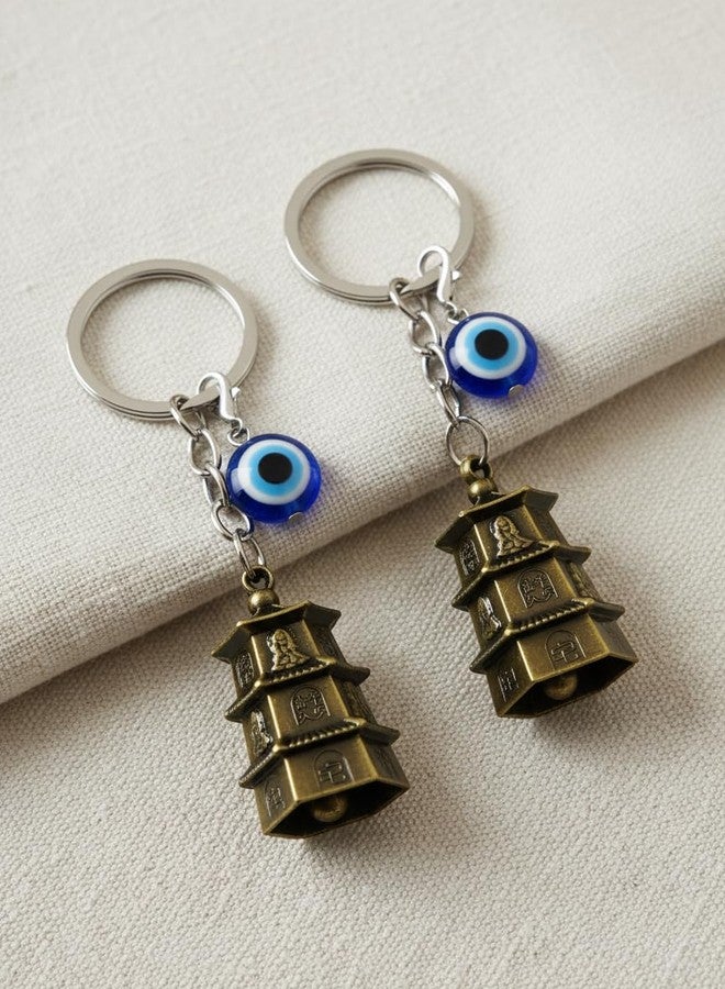 AEROSTARK Pack of 2 Golden Temple Guardian Bell For Bike Keychain with Evil Eye Charm | Antique Gold Temple Bell Keyring Combo for Car Bike Scooter Keys Spiritual Gift for Men - Image 1