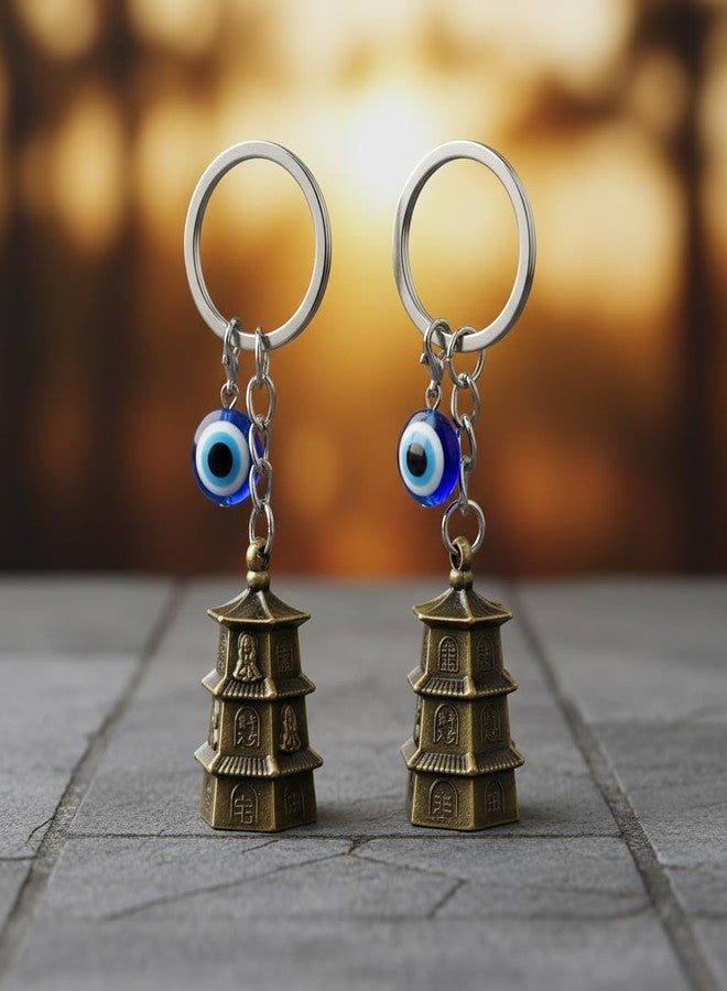 AEROSTARK Pack of 2 Golden Temple Guardian Bell For Bike Keychain with Evil Eye Charm | Antique Gold Temple Bell Keyring Combo for Car Bike Scooter Keys Spiritual Gift for Men - Image 3
