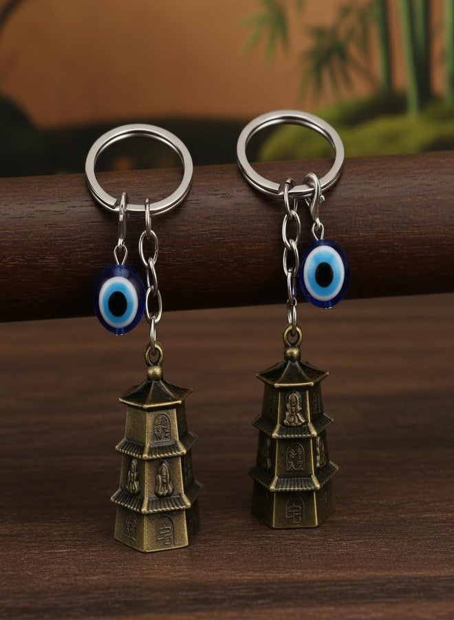 AEROSTARK Pack of 2 Golden Temple Guardian Bell For Bike Keychain with Evil Eye Charm | Antique Gold Temple Bell Keyring Combo for Car Bike Scooter Keys Spiritual Gift for Men - Image 4