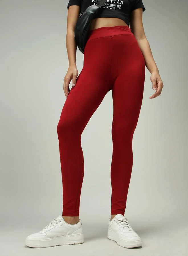 Outzidr  Maroon Criss-Cross Waistband Leggings for Women | Best Price UAE