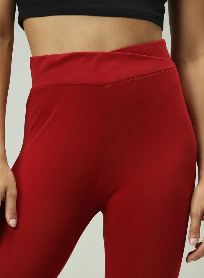Outzidr  Maroon Criss-Cross Waistband Leggings for Women | Best Price UAE