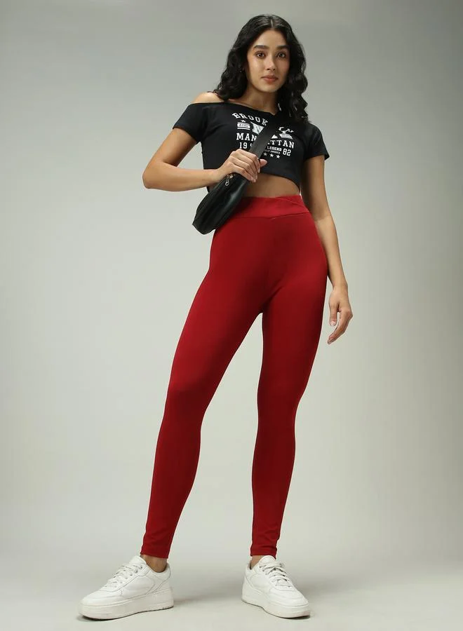 Outzidr  Maroon Criss-Cross Waistband Leggings for Women | Best Price UAE