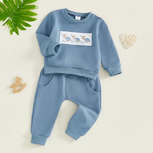 Nyapruwe Toddler Baby Boy Fall Outfit Funny Print Long Sleeve Sweatshirt Joggers Pants Set Kids Warm Winter Clothes (Blue Turtle, 3-4T) - Image 3