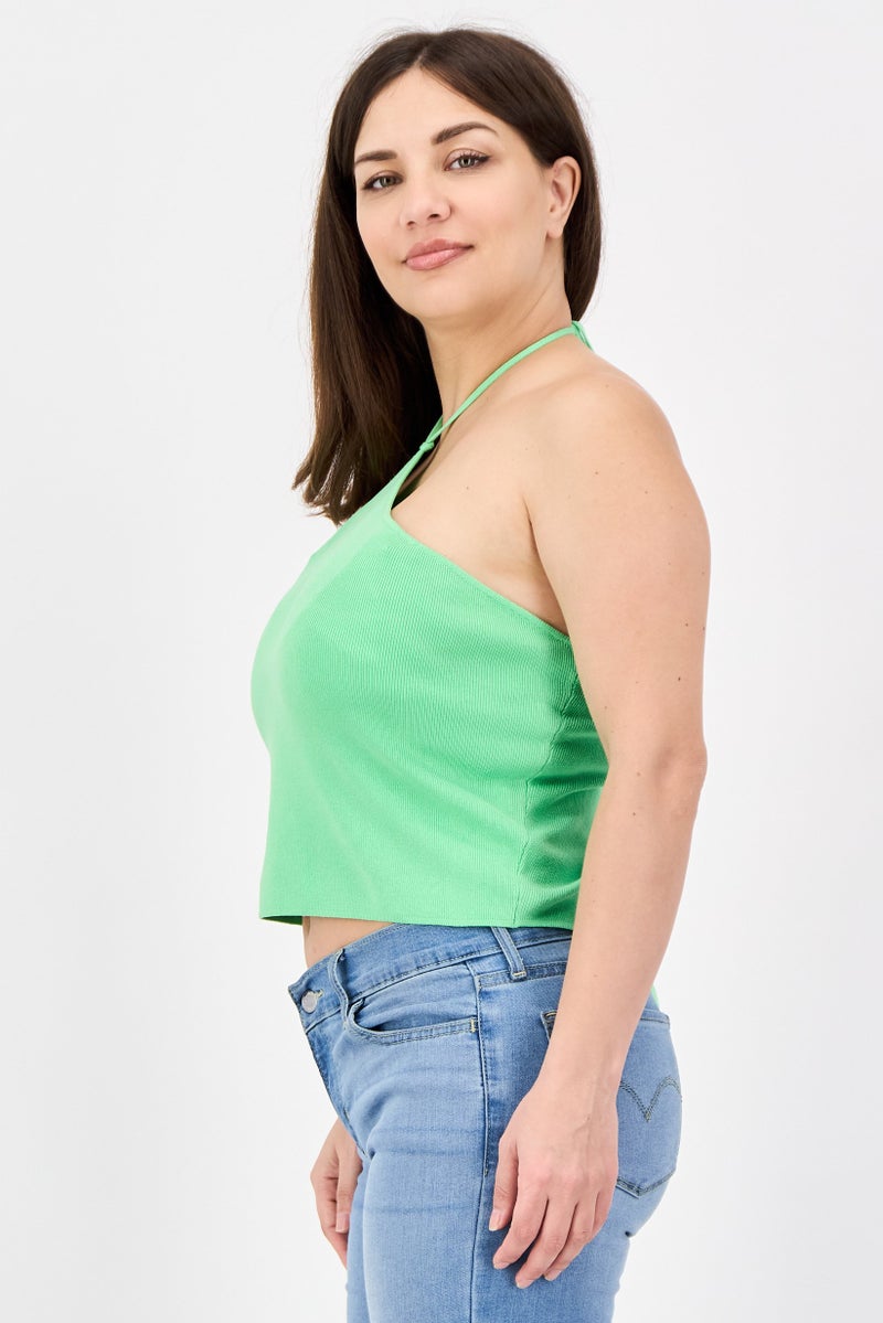 MONKI Women Halter Neck Sleeveless Solid Tank Top, Green - Image 4