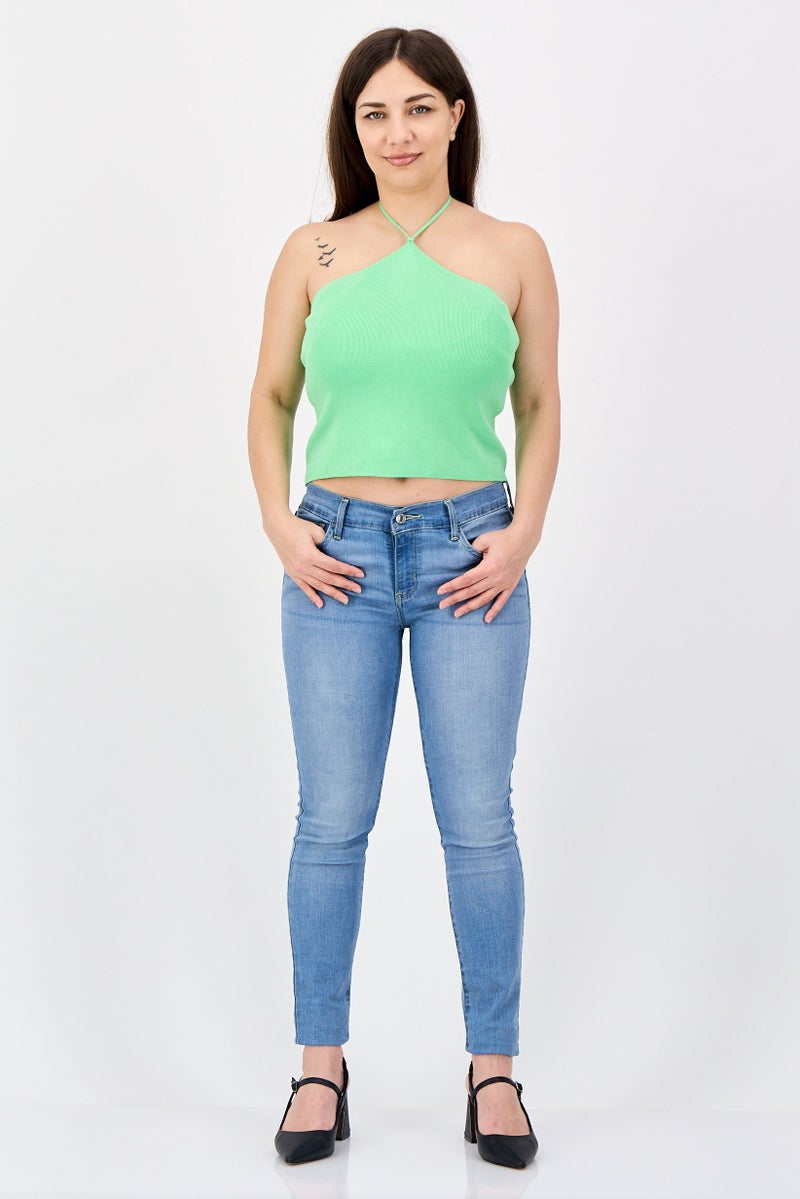 MONKI Women Halter Neck Sleeveless Solid Tank Top, Green - Image 2