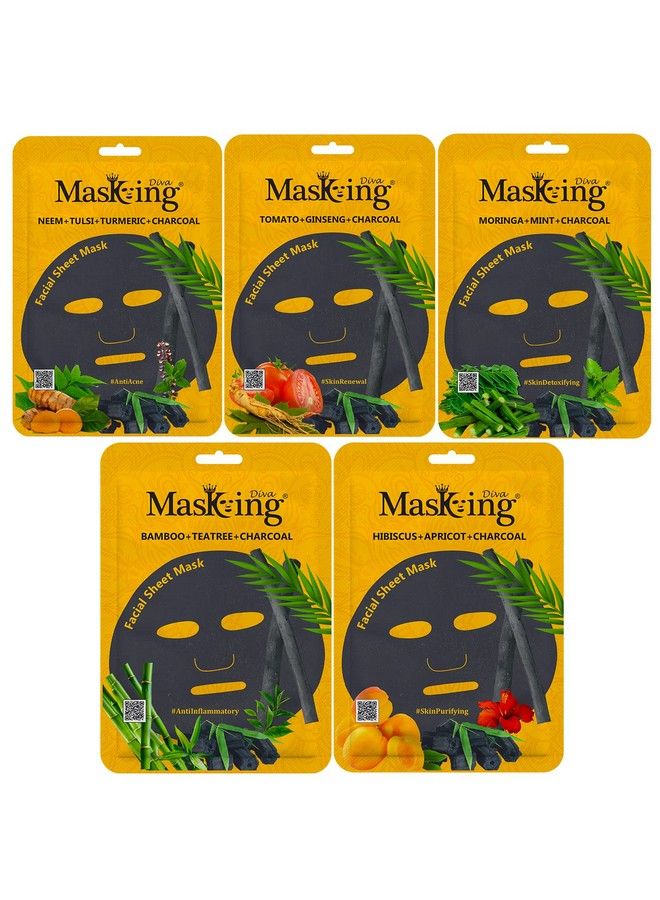 MASKING Diva Charcoal Facial Sheet Mask Combo; Natural Charcoal Sheet Mask ;Face Sheet Mask For Women Men Combo Pack Of 05 (100Ml/G)  - Image 1