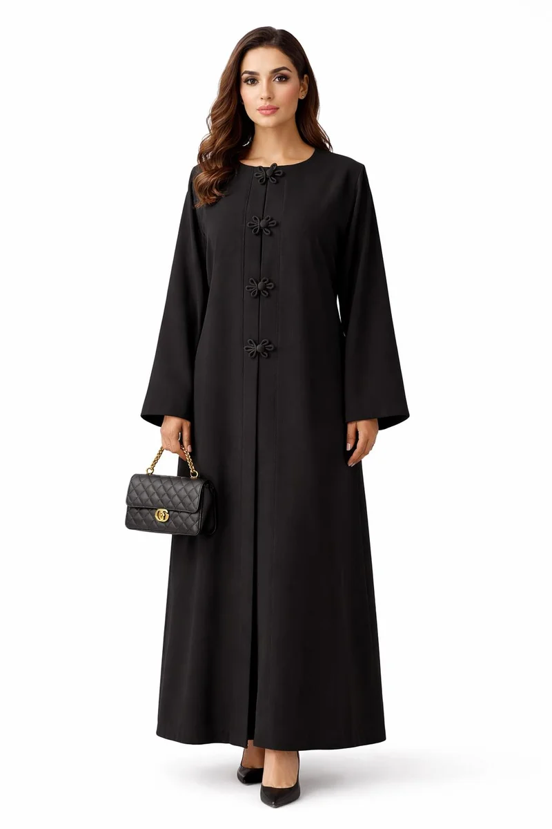 Premium Bella Linen Blend Abaya I Elegant Front Button Design I Black Abaya