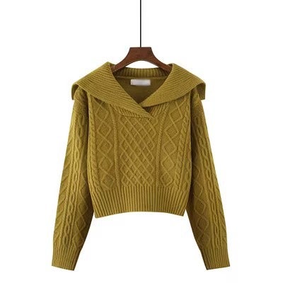Large lapel retro sweater womens autumn and winter high waist short small soft glutinous pullover long sleeve thick wool knitted top 2250 Green