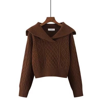 Large lapel retro sweater womens autumn and winter high waist short small soft glutinous pullover long sleeve thick wool knitted top 2250 Green