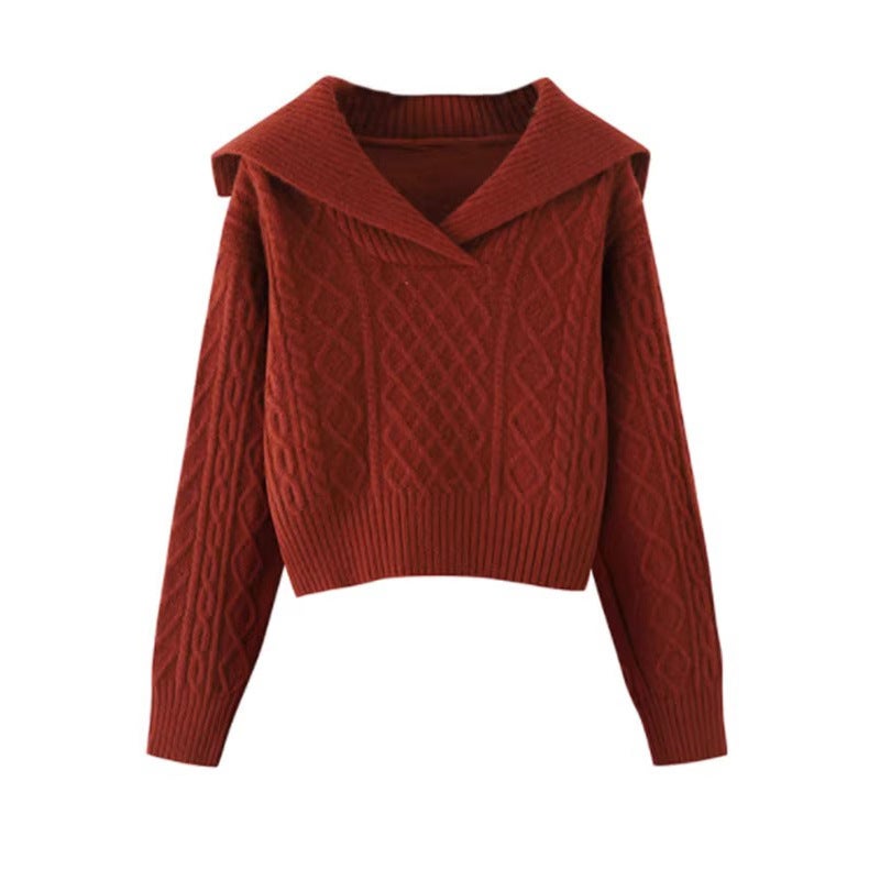 Large lapel retro sweater womens autumn and winter high waist short small soft glutinous pullover long sleeve thick wool knitted top 2250 Green