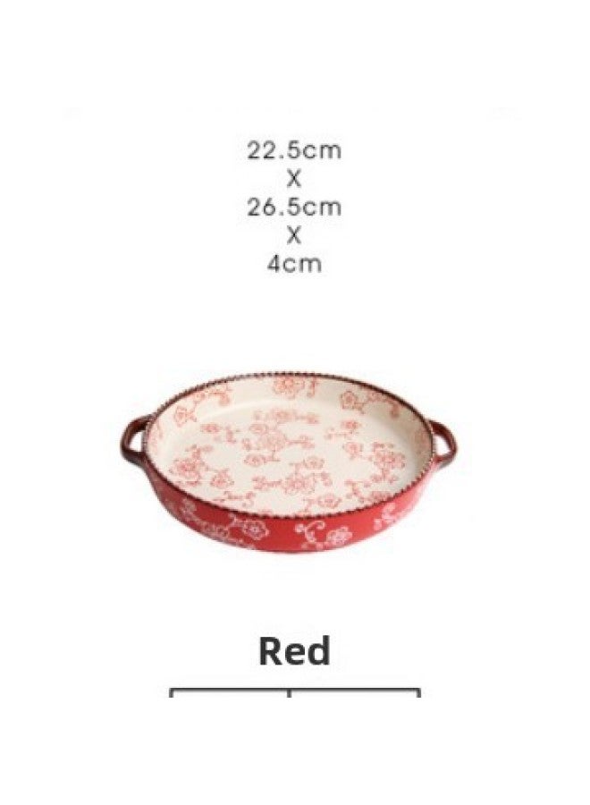 Japanese-style Cherry Blossom Underglaze Hand-painted Ceramic Baking Pan Household Baking Pizza Plate Binaural Oven Microwave Baking Pan-Specifications:Red Glaze -10.5 Inch Binaural Disc - Image 1