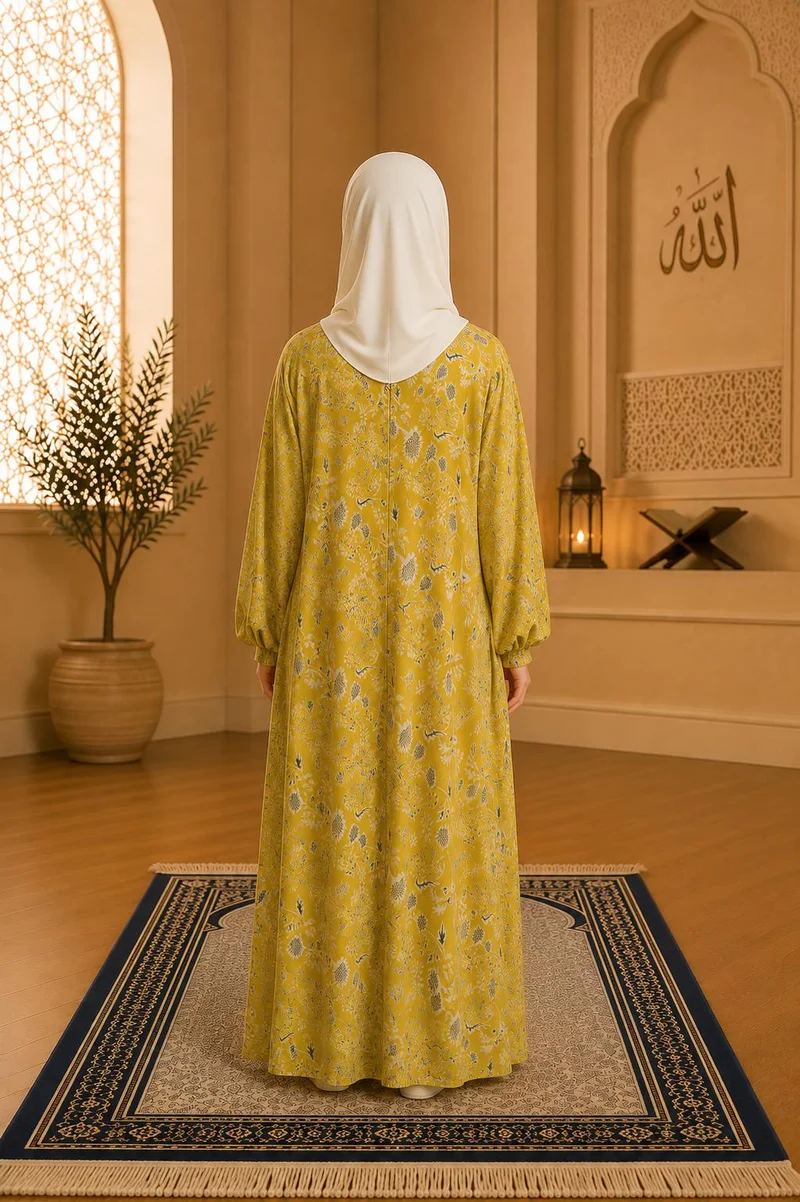 Artemea Yellow Mughal Printed Batwing Style Girls Prayer dress with Hijab