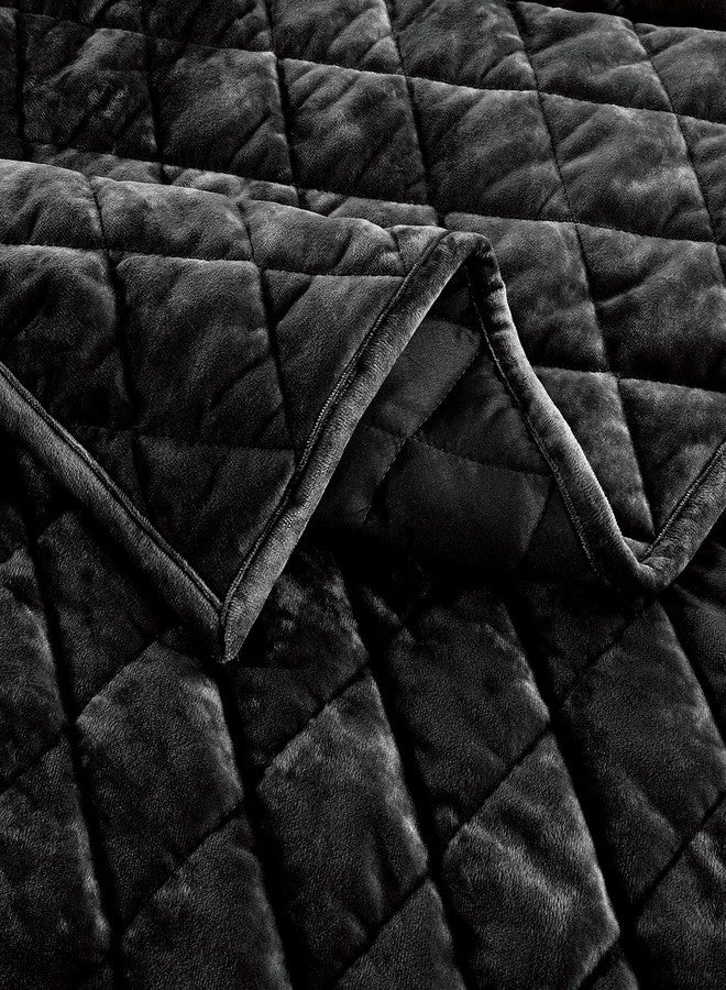 Fredsure Distressed Velvet Quilt Set, 3 Pieces Black King, Distressed Velvet Face and Brushed Microfiber Reverse with Diamond Quilting - Image 4