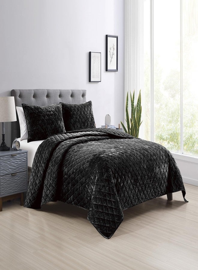 Fredsure Distressed Velvet Quilt Set, 3 Pieces Black King, Distressed Velvet Face and Brushed Microfiber Reverse with Diamond Quilting - Image 2