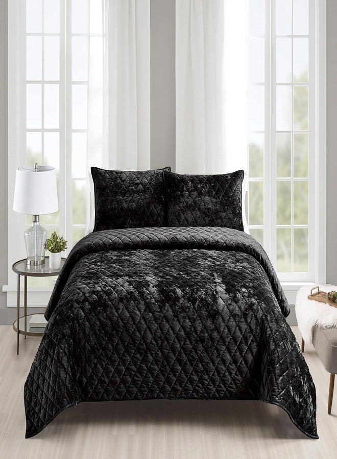 Fredsure Distressed Velvet Quilt Set, 3 Pieces Black King, Distressed Velvet Face and Brushed Microfiber Reverse with Diamond Quilting - Image 1