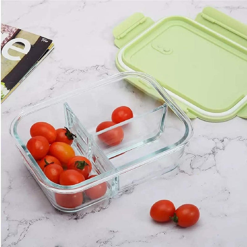 KriVat Standard Glass Lunch Box Microwave Oven Safe Food Containers Tiffin 1000 ML 3 PartitionCompartment Lunch Box t with Clamp Random Color Plastic Lid Proof Airtight Set 0F 1 Glass Lunch Box1 - Image 4