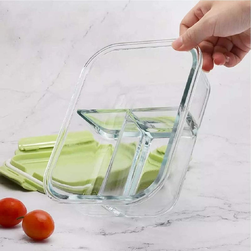 KriVat Standard Glass Lunch Box Microwave Oven Safe Food Containers Tiffin 1000 ML 3 PartitionCompartment Lunch Box t with Clamp Random Color Plastic Lid Proof Airtight Set 0F 1 Glass Lunch Box1 - Image 3
